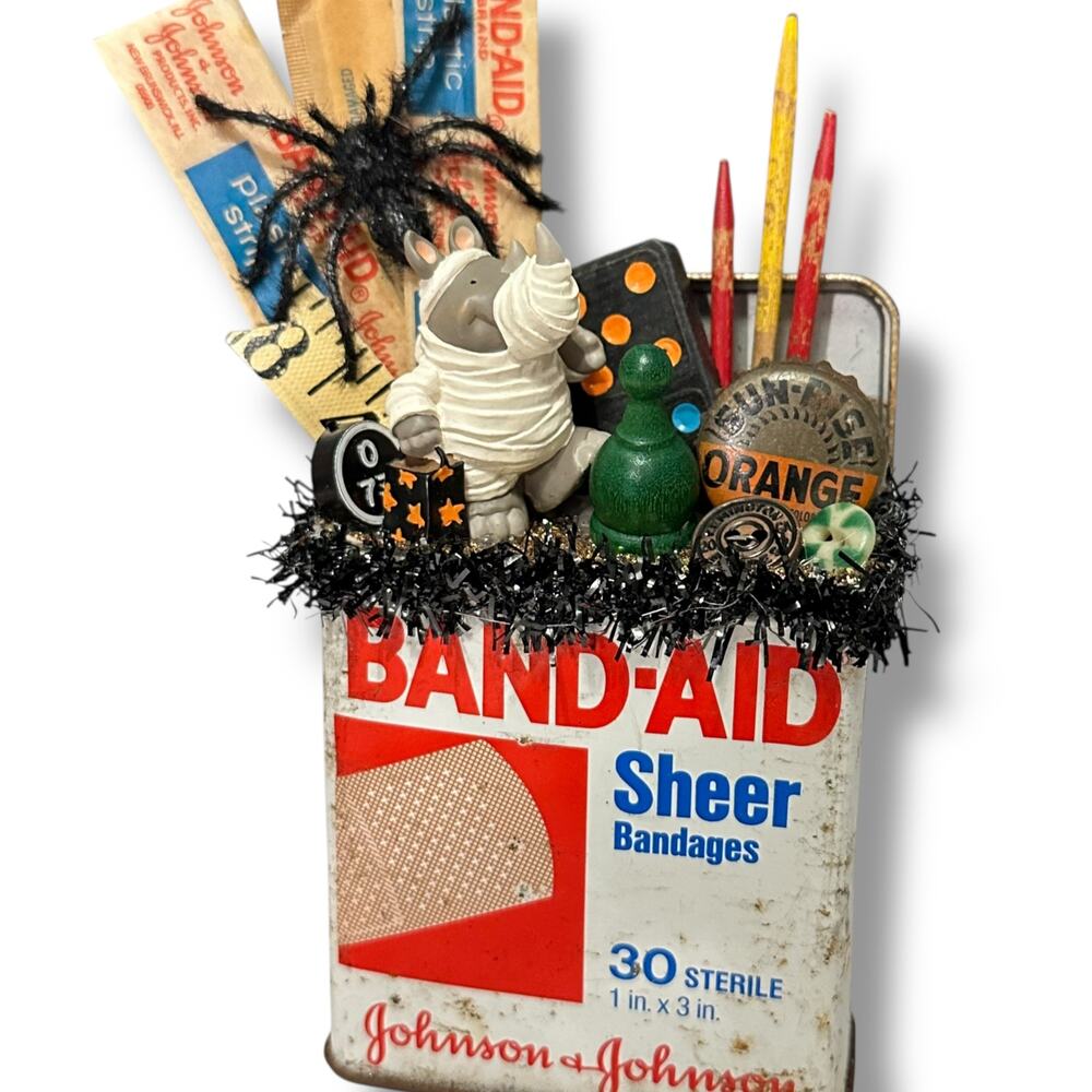 Halloween Decor Assemblage - Mummy in Bandage Tin